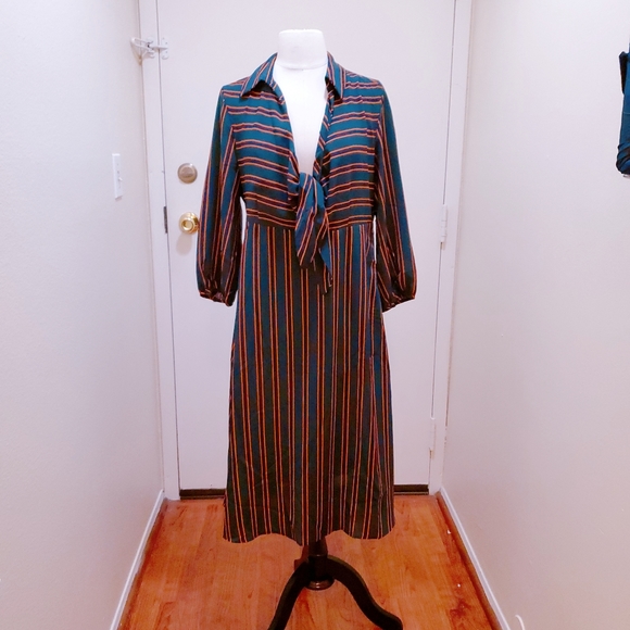 Fall Green Pinstripe Midi Length Evening Dress - Picture 5 of 5